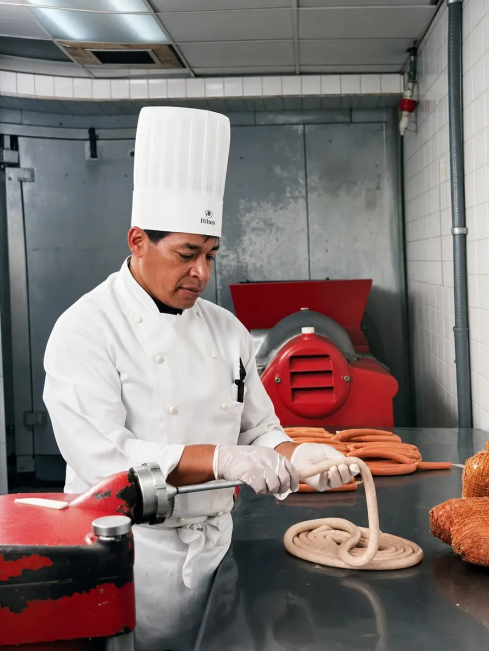 Maestro charcutero embutiendo salchichas en cocina profesional